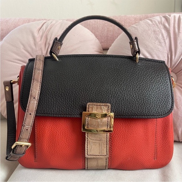 MCM Orange/Black Croc Embossed and Leather Buckle Flap Top Handle
Bag - Picture 1 of 14
